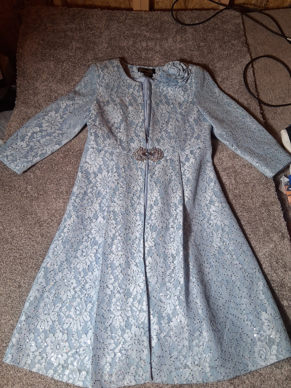 VNTGE Susanna Sequin Lace Formal Jacket Blue Cottage Core Maxi Church Dress S 14